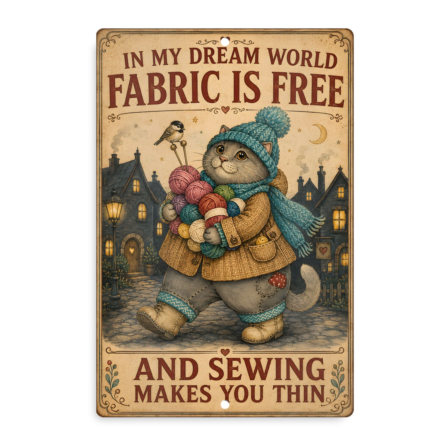 Aluminium Metal Sign - Cat Fabric Sewing 12x18