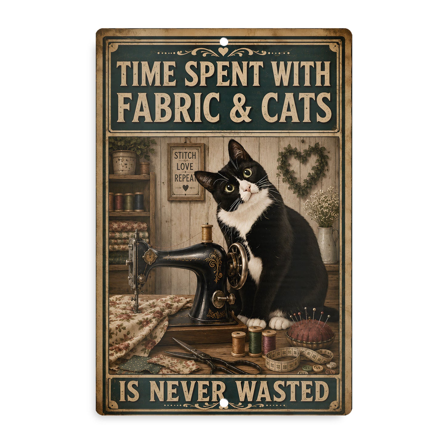 Aluminium Metal Sign - Sewing Fabric & Cats 12x18