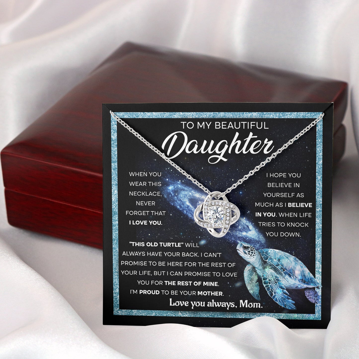 Beautiful Daughter Old Turtle From Mom Love Knot Necklace 14K White Gold Finish Luxury Box