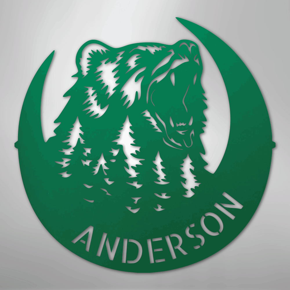 Custom Metal Wall Art - Personalized Grizzly Bear Monogram Sign Green