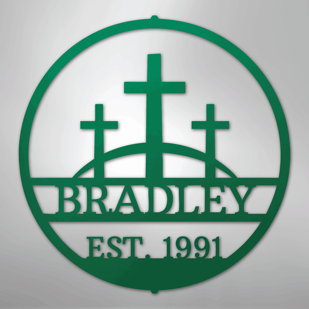 Custom Metal Wall Art - Personalized Three Crosses Name Plaque Green