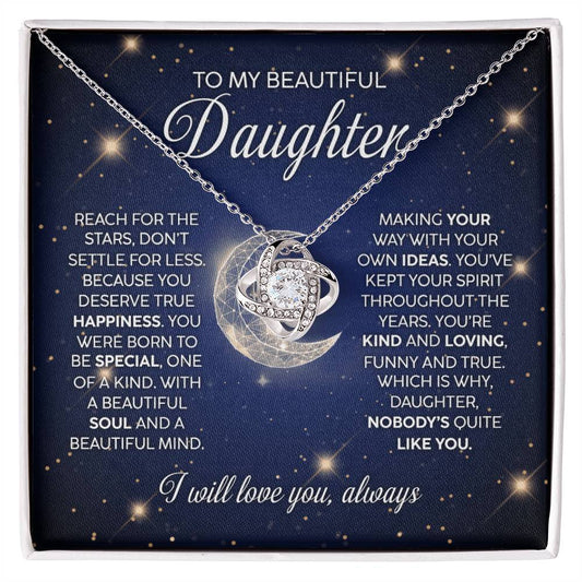 Beautiful Daughter Stars And Moon Love Knot Necklace 14K White Gold Finish Standard Box