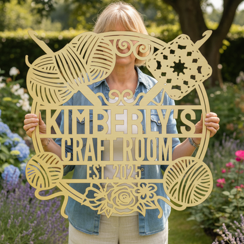 Personalized Crochet Corner – Custom Metal Sign for Craft Room Gold
