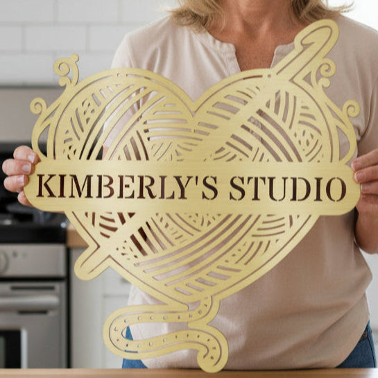 Ball of Yarn & Hook – Custom Metal Sign for Crochet Lovers Gold
