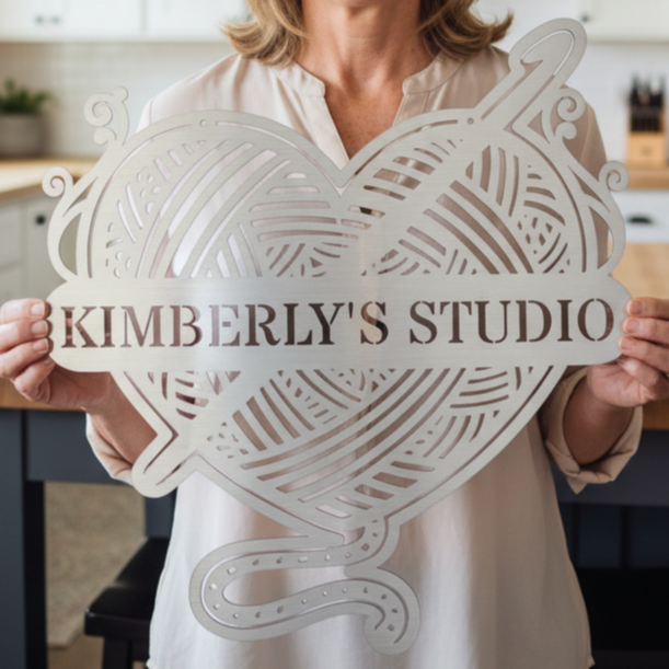 Ball of Yarn & Hook – Custom Metal Sign for Crochet Lovers Silver