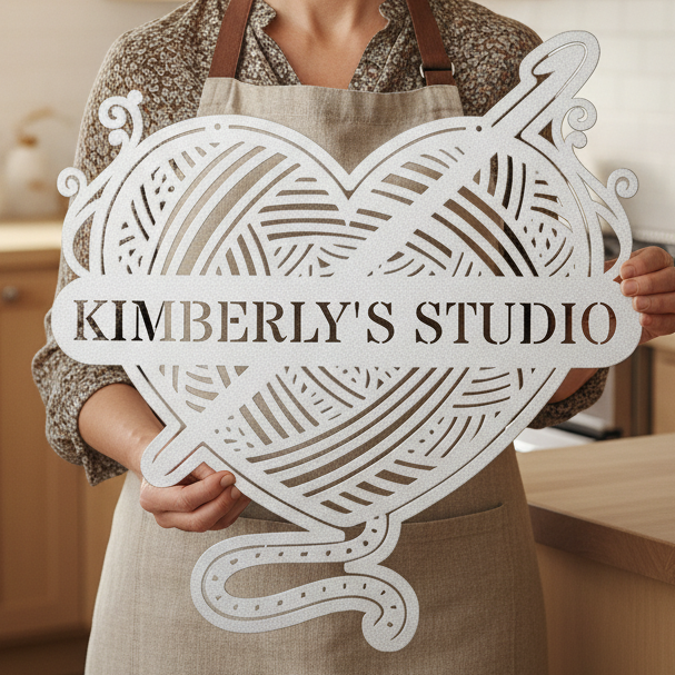 Ball of Yarn & Hook – Custom Metal Sign for Crochet Lovers White