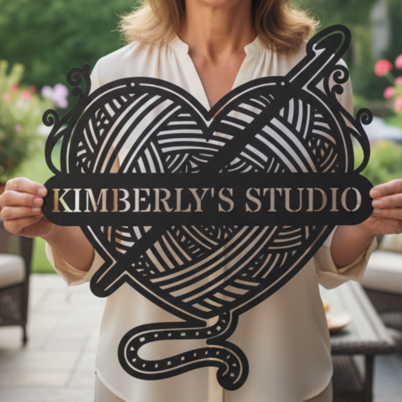 Ball of Yarn & Hook – Custom Metal Sign for Crochet Lovers Black