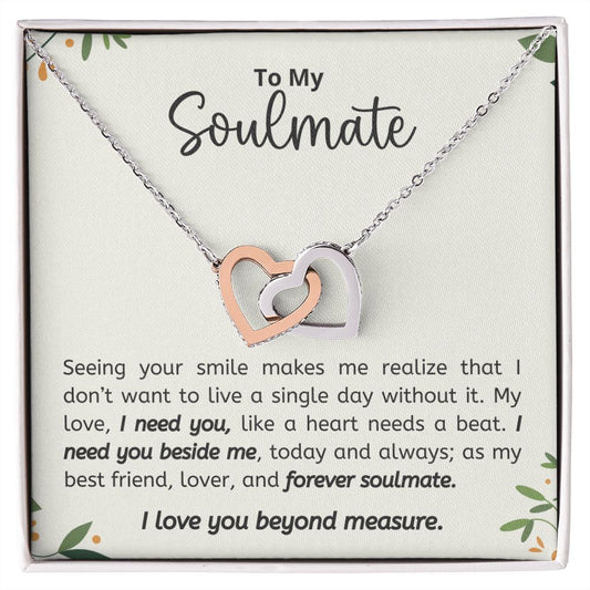 I Need You Beside Me Gift For Soulmate Interlocking Hearts Necklace Polished Stainless Steel & Rose Gold Finish Standard Box