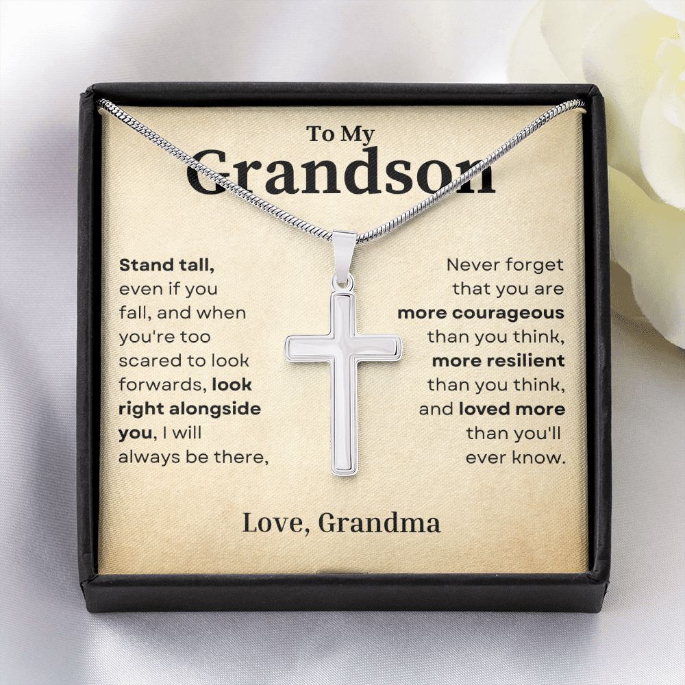 Stand Tall Even If You Fall Crafted Cross Necklace Gift For Grandson From Grandma