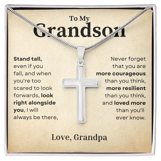 Stand Tall Even If You Fall Crafted Cross Necklace Gift For Grandson From Grandpa Two Tone Box