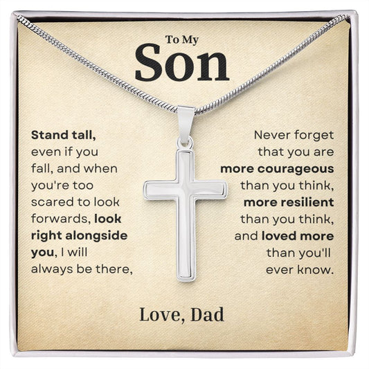 Stand Tall Even If You Fall Crafted Cross Necklace Gift For Son From Dad Two Tone Box
