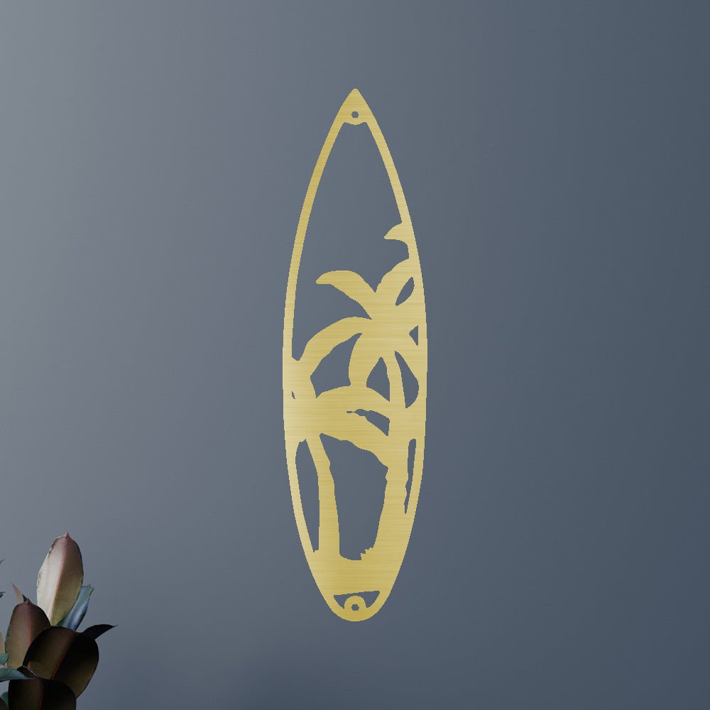 Surf Board Palm Trees Metal Wall Art Classic Metal Sign Monogram Gold