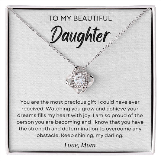 To My Daughter - Strength And Determination - Love Knot Necklace 14K White Gold Finish Standard Box
