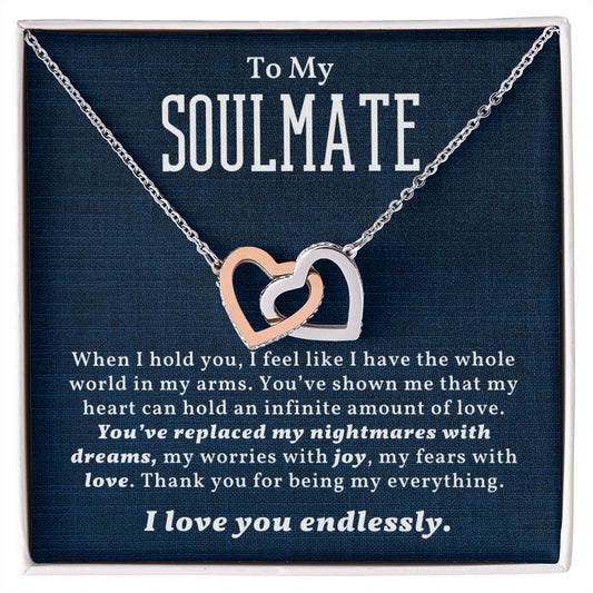 You Have Replaced My Nightmare With Dream Gift For Soulmate Interlocking Hearts Necklace Polished Stainless Steel & Rose Gold Finish Standard Box