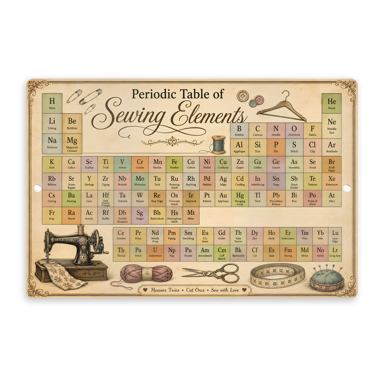 Aluminium Metal Sign - Periodic Table Of Sewing Elements 18x12