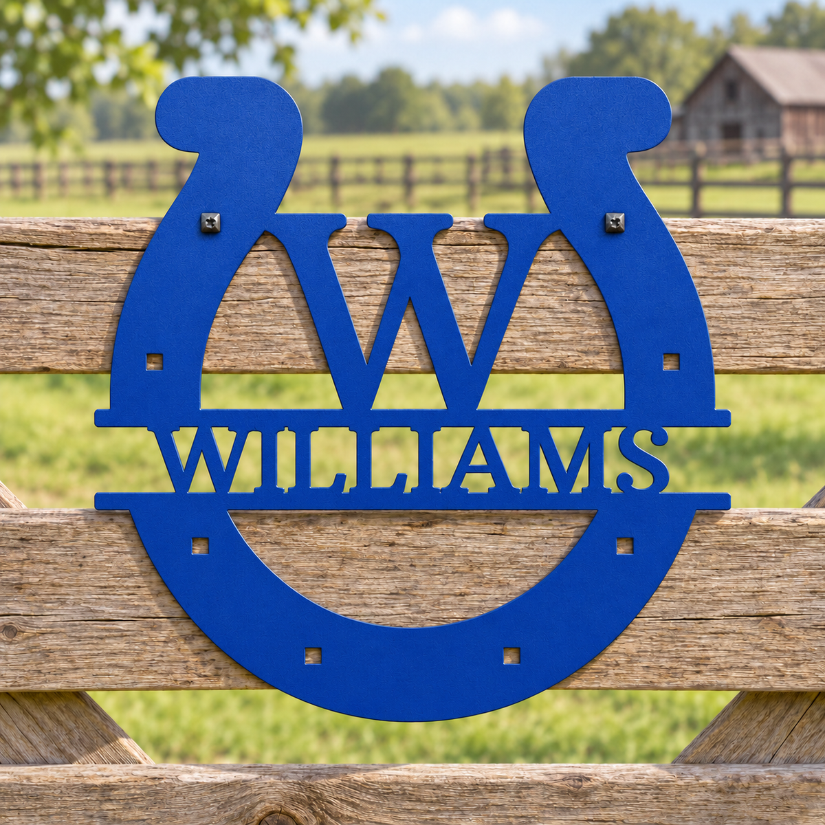 Custom Metal Wall Art - Personalized Horseshoe Sign Blue