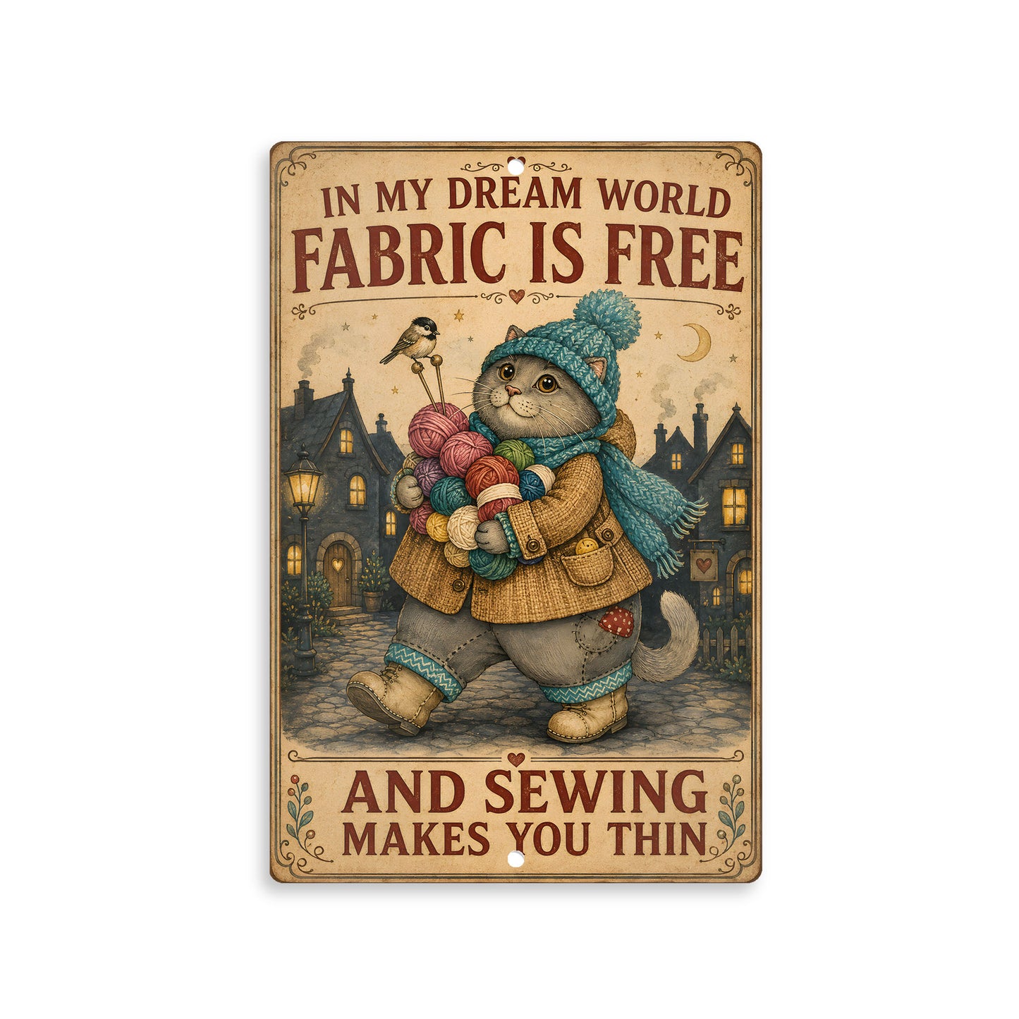 Aluminium Metal Sign - Cat Fabric Sewing 8x12