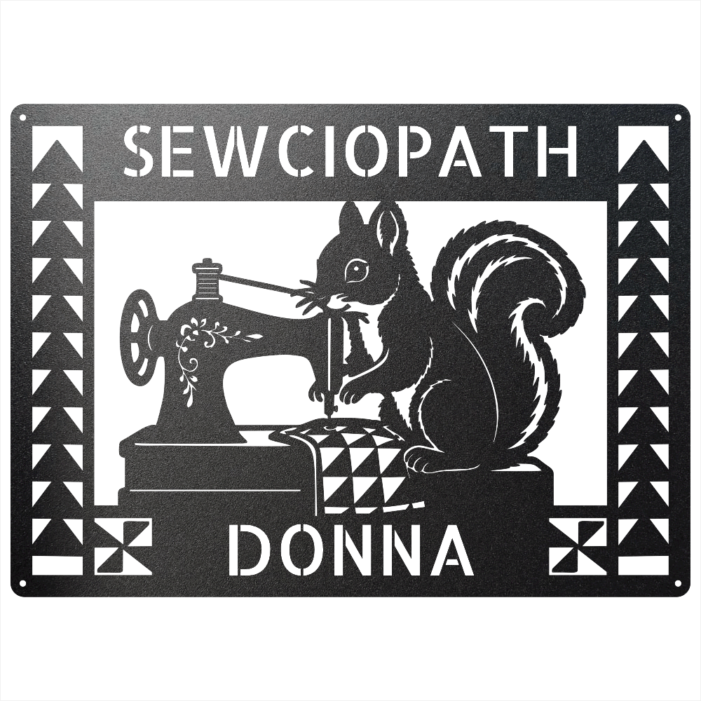 Custom Metal Wall Art - Personalized Squirrel Sewing Sign Black