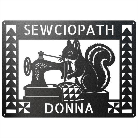 Custom Metal Wall Art - Personalized Squirrel Sewing Sign Black