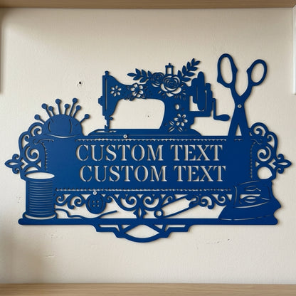 Custom Metal Wall Art - Personalized Sewing and Quilting Room Sign Blue