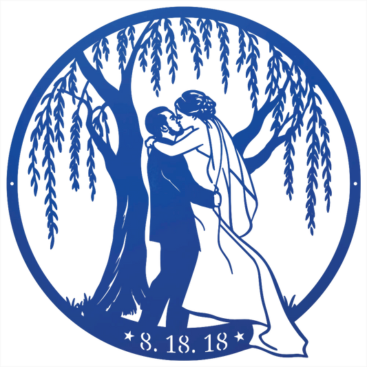 6077640638616 - Romantic Wedding Couple Metal Wall Art with Willow Tree Blue