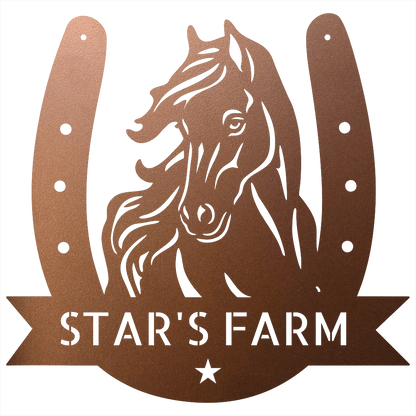 Custom Metal Wall Art - Horseshoe Farm Sign Copper