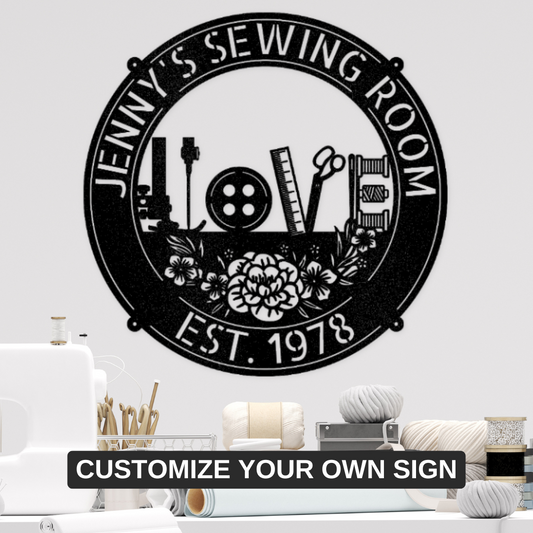 Sewing Love - Personalized Metal Sign for Sewing Room Decor Black