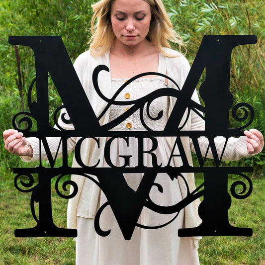 Name Sign - Custom Metal Sign, Family Split Letter Monogram, Wedding Gift Black