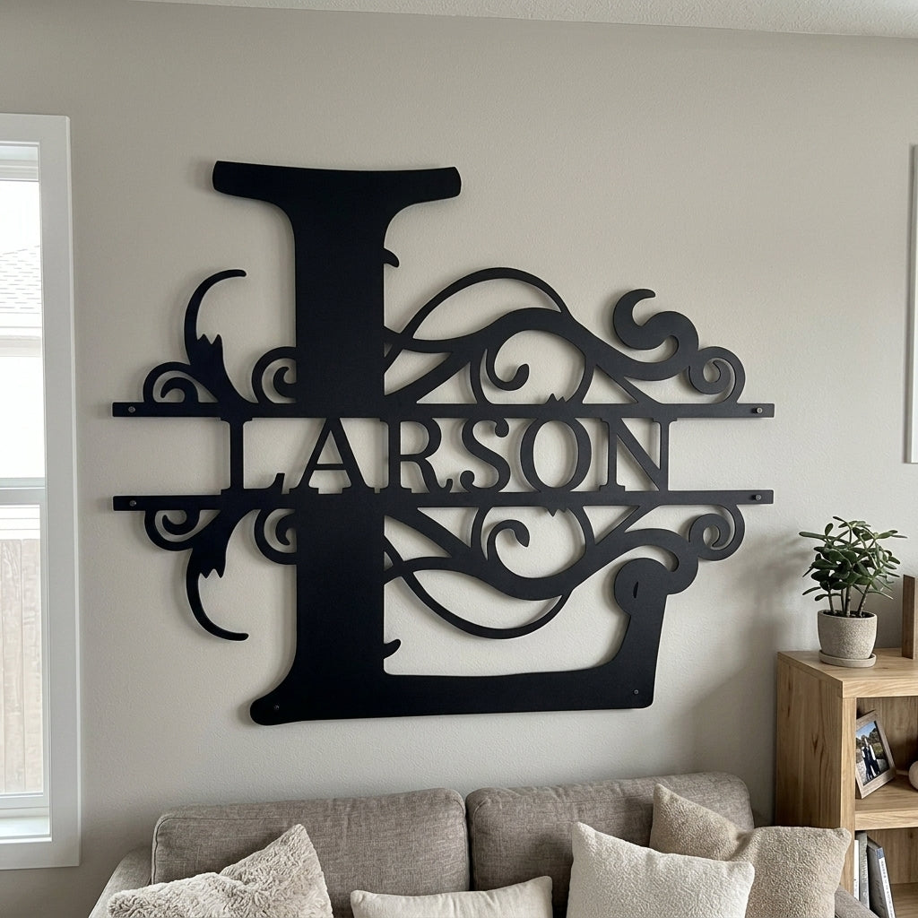 Custom Metal Wall Art - Family Split Letter Monogram Sign Black