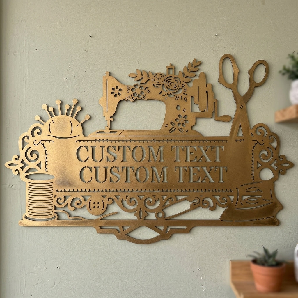 Custom Metal Wall Art - Personalized Sewing and Quilting Room Sign Gold