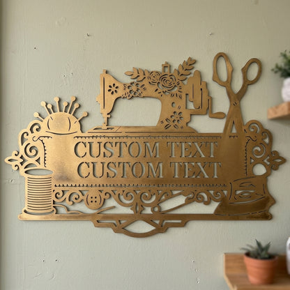 Custom Metal Wall Art - Personalized Sewing and Quilting Room Sign Gold