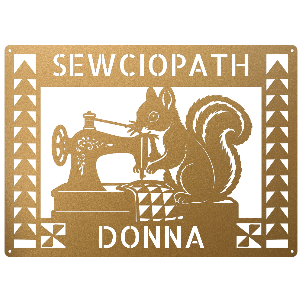 Custom Metal Wall Art - Personalized Squirrel Sewing Sign Gold