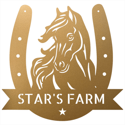 Custom Metal Wall Art - Horseshoe Farm Sign Gold