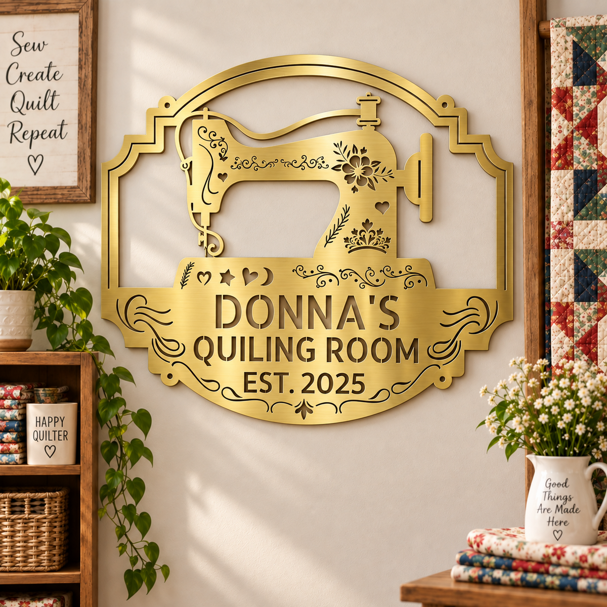 Custom Metal Wall Art - Personalized Sewing & Quilting Sign Gold