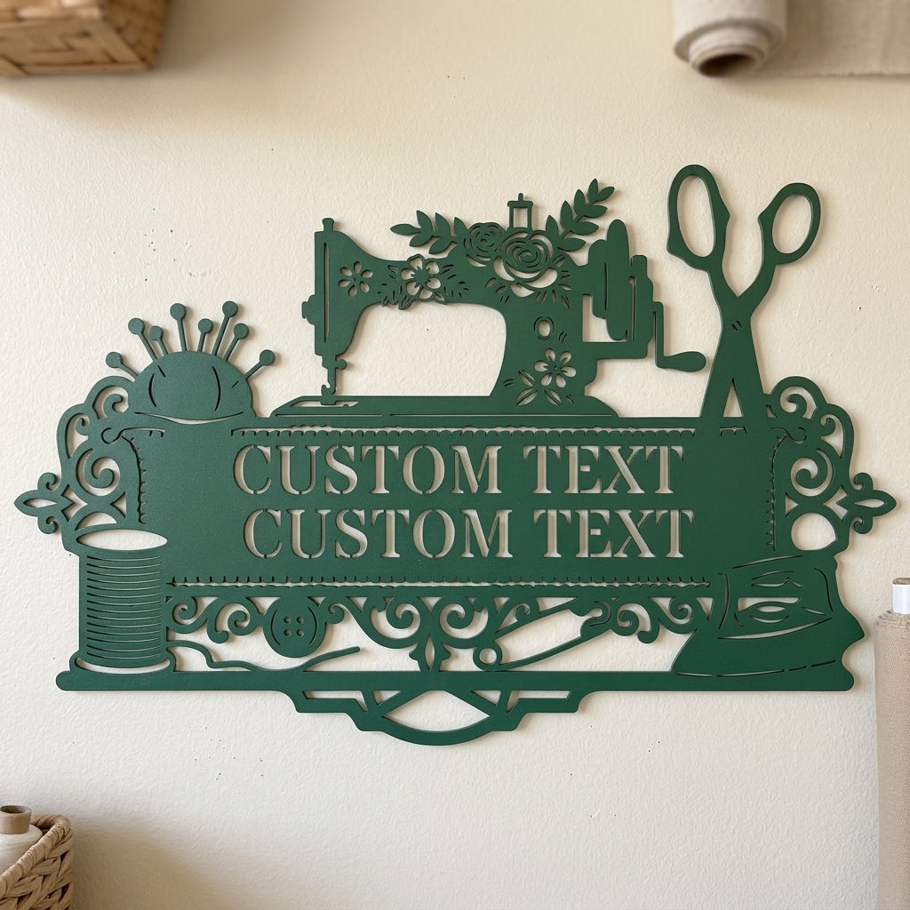 Custom Metal Wall Art - Personalized Sewing and Quilting Room Sign Green