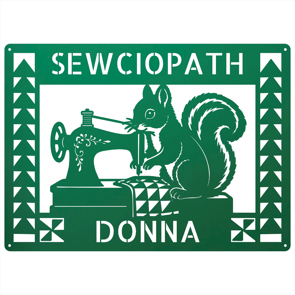 Custom Metal Wall Art - Personalized Squirrel Sewing Sign Green