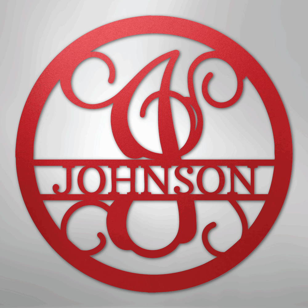 Custom Metal Wall Art - Split Letter Vine Monogram Sign Red