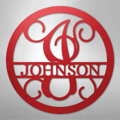 Custom Metal Wall Art - Split Letter Vine Monogram Sign Red