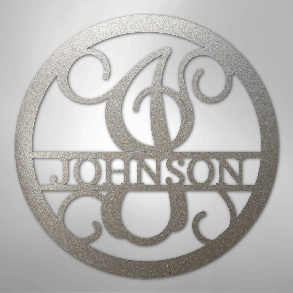 Custom Metal Wall Art - Split Letter Vine Monogram Sign Silver