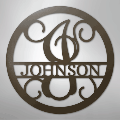 Custom Metal Wall Art - Split Letter Vine Monogram Sign Stone