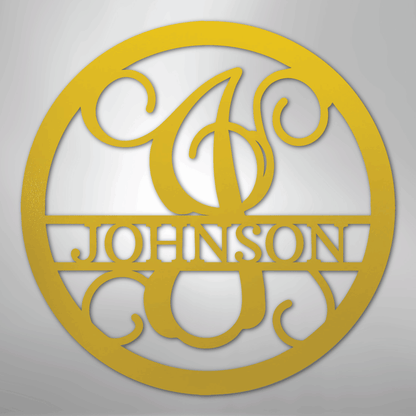 Custom Metal Wall Art - Split Letter Vine Monogram Sign Yellow