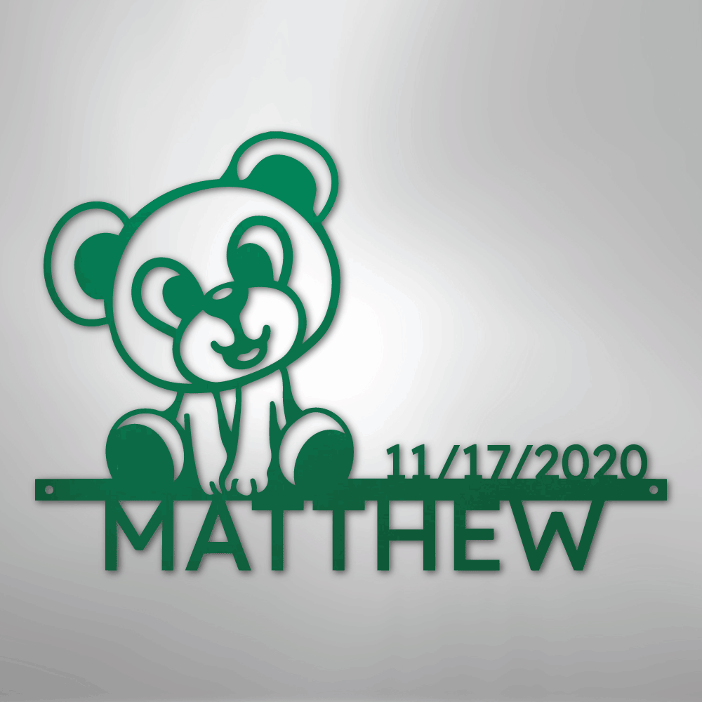 Custom Metal Wall Art - Personalized Teddy Bear Name Sign Green