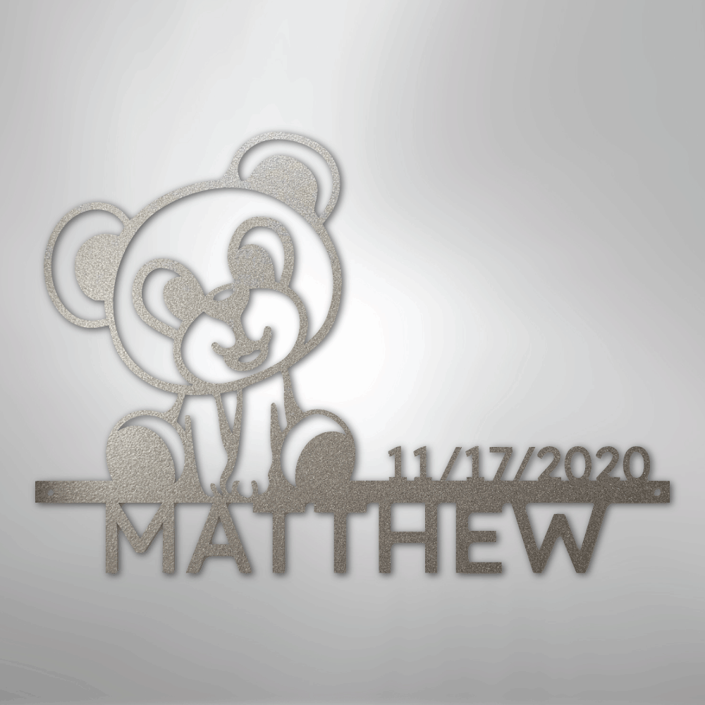 Custom Metal Wall Art - Personalized Teddy Bear Name Sign Silver
