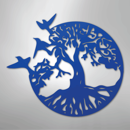 Metal Wall Art - Birds in Tree Sign Blue