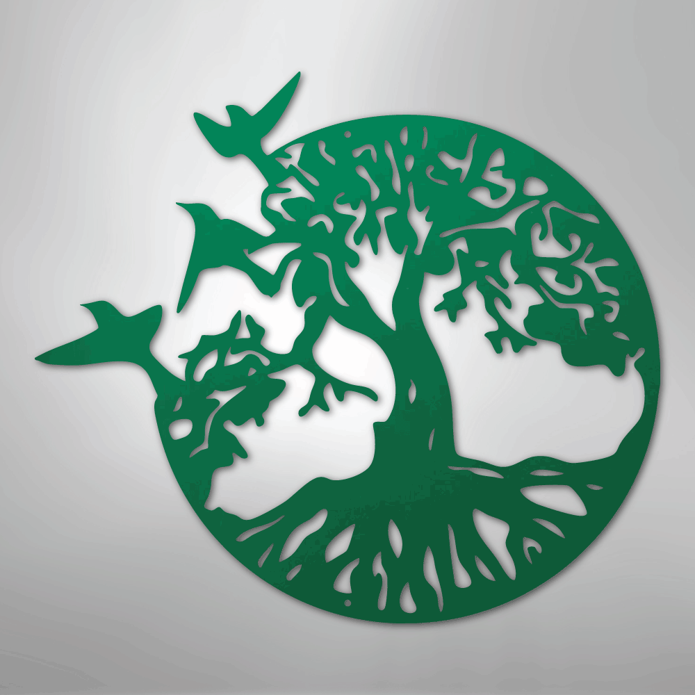 Metal Wall Art - Birds in Tree Sign Green