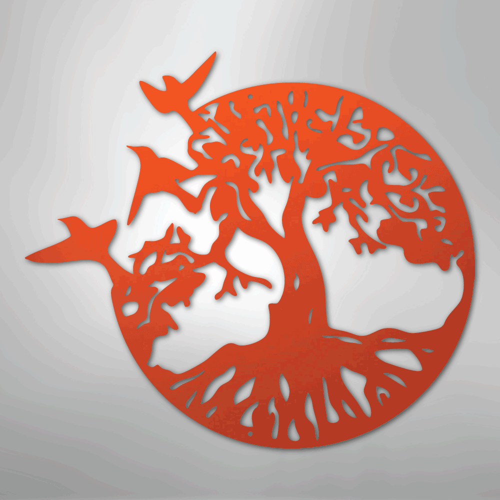 Metal Wall Art - Birds in Tree Sign Orange