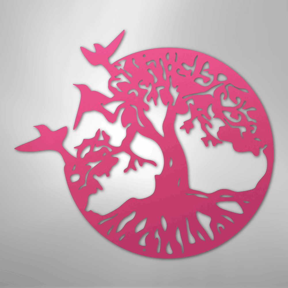 Metal Wall Art - Birds in Tree Sign Pink