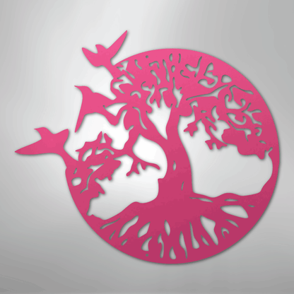 Metal Wall Art - Birds in Tree Sign Pink