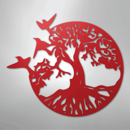 Metal Wall Art - Birds in Tree Sign Red