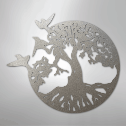 Metal Wall Art - Birds in Tree Sign Silver
